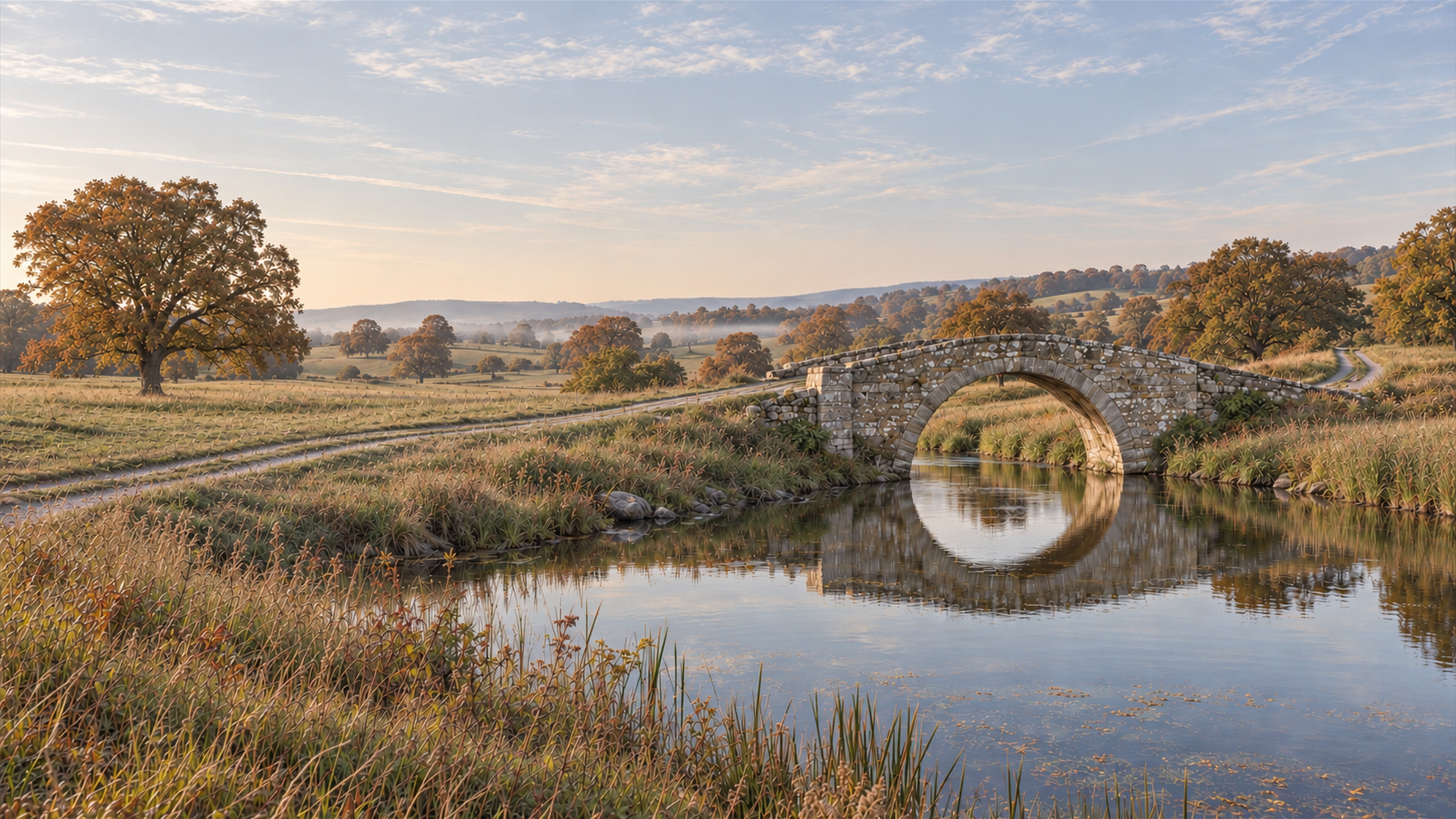 Steinbogenbrücke über stillem Wasser im Herbstnebel, der Bogen und sein Spiegelbild ergeben einen Kreis