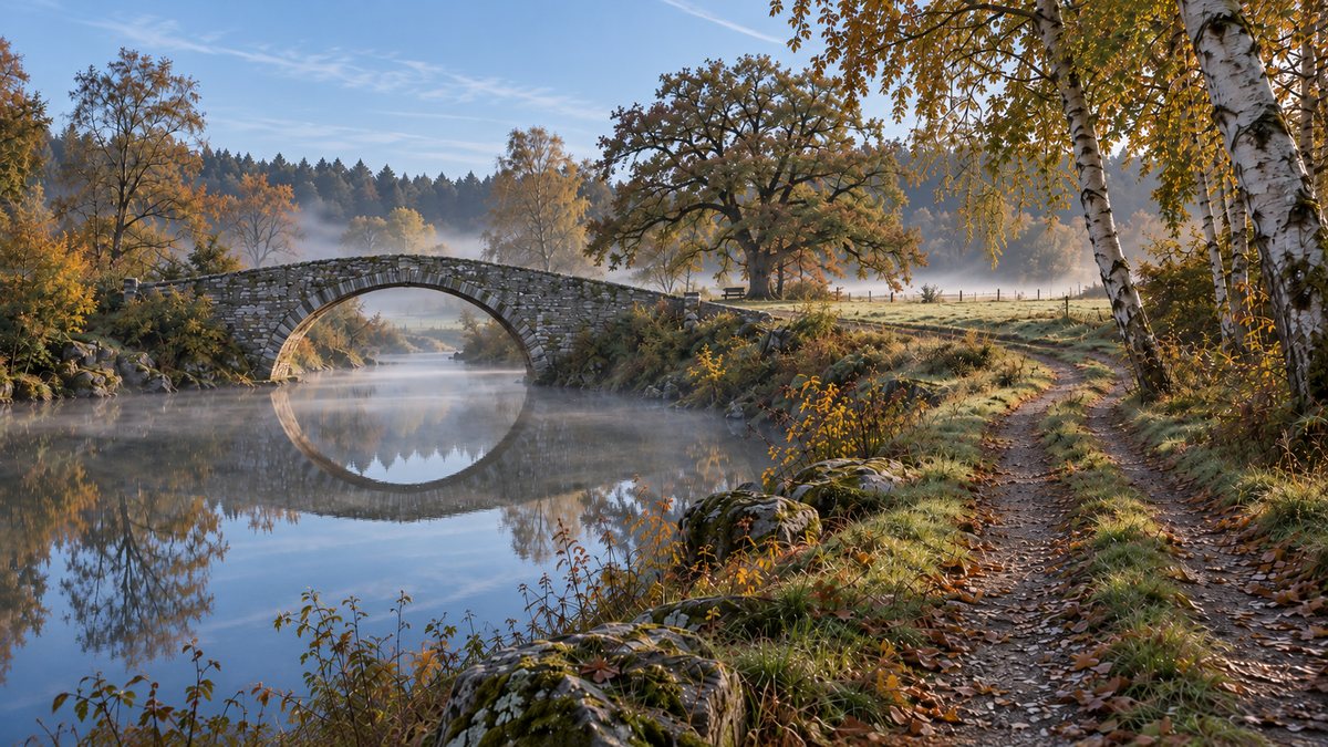 Blick vom anderen Ufer zurück auf die Steinbogenbrücke im Herbst, rechts führt der Weg weiter