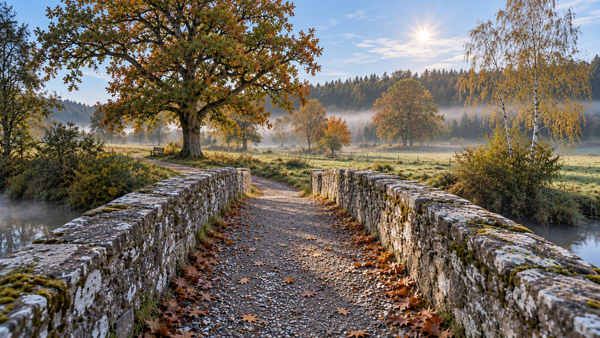 Blick über die Steinbrücke am frühen Morgen im Herbst, Nebel liegt über der Wiese, links die Eiche mit der Bank
