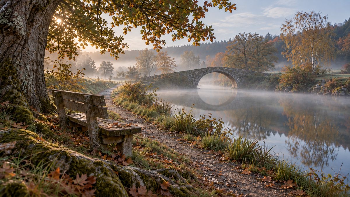 Eine leere Holzbank unter der alten Eiche im Herbst, Blick auf die Steinbogenbrücke und ihre Spiegelung im Fluss